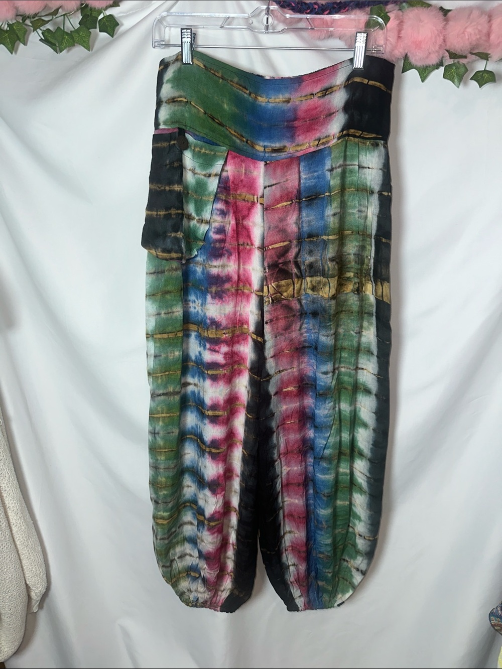Rhea Wide-Leg Tie-Dye Harem Pants in Green, Pink & Blue